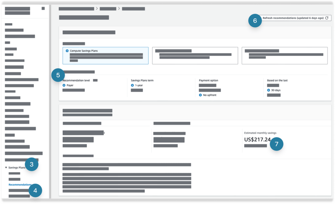 Screenshot of a savings plan recommendation dashboard showing various options for compute savings plans, payment terms, and estimated monthly savings, with blurred text for privacy.